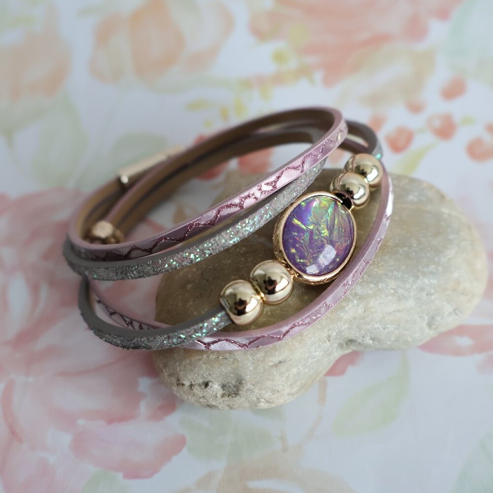 Faux Leather Wrap Bracelet -  Lavender Rose Resin Gem - Boho Cuff - Choker